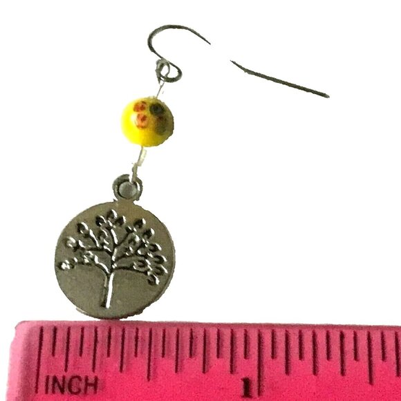 Vintage Tree of Life Murano Art Glass Bead Earrings Yellow Red Silver Plated - Picture 7 of 10